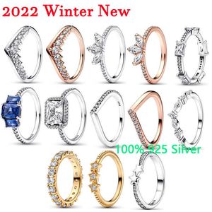 Anelli a fascia 2022 inverno nuovo argento 925 di alta qualità originale 1 1 rettangolo blu tre pietre glitter anelli gioielli da donna regalo Fashio261Y