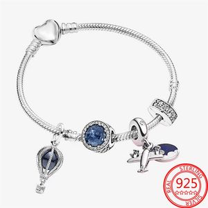 Yeni popüler%100 925 STERLING Gümüş Cazibe Klasik Hava Balon Seyahat Uçak Sky Mavi Pandora Bilezik Kadın Diy Takı 256t