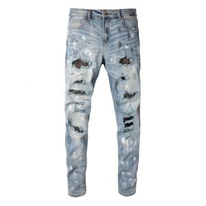 Jeans masculinos chegada angustiado luz azul magro rasgado streetwear danificado s pintado magro ajuste estiramento destruído 230909