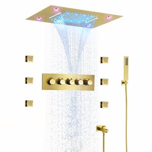 20*14inch Brushed Gold Bathroom Waterfall LED Shower Head Five-Function Wall Mounted Thermostatic Shower Set