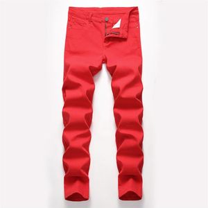 Jeans masculinos moda mens projetado em linha reta magro ajuste denim calças casuais calças magras vermelho amarelo streetwear261y