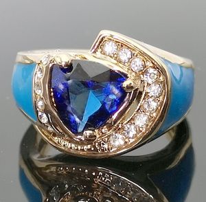 Frisado requintado vintage 18k triângulo corte mar azul cristal com pequeno zircão oco anel feminino casamento dama de honra festa presente fino je otqi7