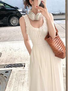 Casual Dresses French Style Vintage Dress Women Summer Sleeveless Spaghetti Strap Long Female Causal Elegant Sweet Tie Up Pleated