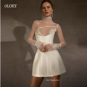 Urban Sexy Kleider OLOEY 2023 Kurze Hochzeit Lange Ärmel Stehkragen Tüll Dicker Satin Mini Brautkleid Cocktail Formal 230909