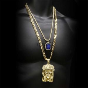 Hänghalsband Hip Hop Golden Crowned Jesus Head Pendant Iced Out Square Gem Crystal Necklace Set Cuban Chain X0909