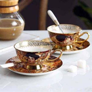 Conjunto de xícara de café gustav klimt osso conjunto de chá de cerâmica chinesa klimt beijo luxo presente porcelana conjunto de chá xícara e pires t220810270i