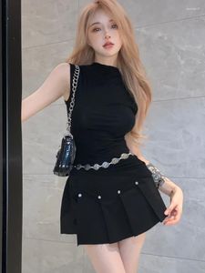 Work Dresses Korean Fashion Sweet Two Piece Set For Women Sleeveless Crop Top Pleated Skirt Suits Girls Sexy 2 Outfits