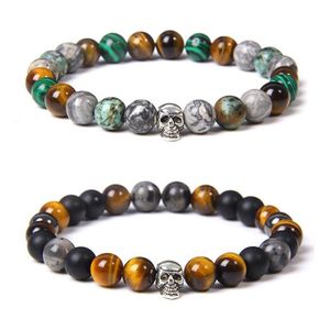 Fili di perline Mix Braccialetti con ciondoli in pietra naturale con teschio Bloodstone Lava Occhio di tigre per uomo Punk Cool Braccialetti con gioielli Gothi1858