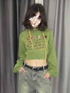 Deeptown Vintage Trashy Y2K Green Knit Sweater Hoodies Women Gyaru 90s Streetwear Letter Crop Jerseys 2000s estetiska tröjor