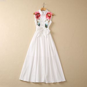 White Floral Print Belted Dress Sleeveless Lapel Neck Panelled Midi Casual Dresses S3w030427