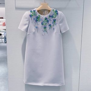 2023 Summer Gray Solid Color Beaded Dress Short Sleeve Round Neck Knee-Length Casual Dresses S3S01M142