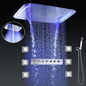 Luxury Thermostatic Shower Faucets Bathroom LED Ceiling Shower panel Multi Functions Rainfall showerhead set With Massage Body Jet241s