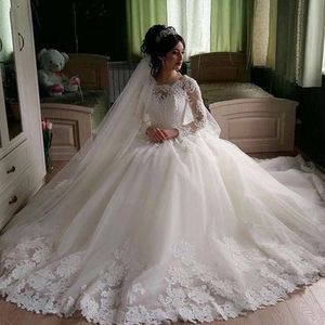 Ball Gown Wedding Dresses White Bridal Gowns Formal Tulle Ivory New Custom Plus Size Lace Up Zipper O-Neck Long Sleeve Applique Beaded