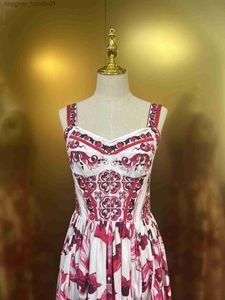 Basic Casual Dresses Fancy Dress Womens red and white porcelain Printed Gathered Waist Sleeveless Fit Flare Cami Dress L230910