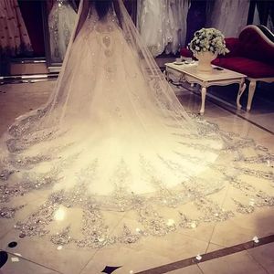 Sparkle Cathedral Length Bridal Veils Crystal Beaded Lace Appliques Luxury Long Tulle Wedding Veil Ivory White Color 2023 Marriage280n