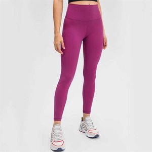 L-28B Solid Color Naked Feeling Yoga Pants High Rise Sport Outfit Women Outdoor Elastic Leggings Running Fitness Tights With Midje215Z