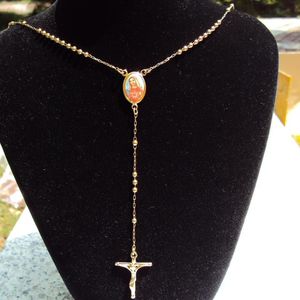 Lojala kvinnor cool gult guld g f cross crucifix hänge rosario radband pärlor halsband kedja280x