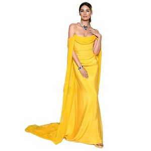 Sarı askısız denizkızı gece elbiseler pileli saten şifon pelerin ünlü elbise basit uzun balo elbisesi