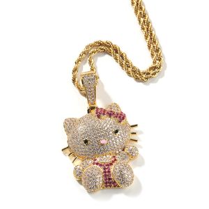 Hip Hop Rapper Men Women shiny diamond pendant gold silver necklace cartoon cat pendant zircon jewelry night club accessory sweater rope chain 24inch 1822