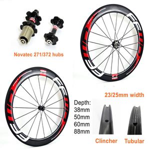 700C Carbonfelge 38 50 60 88 mm Tiefe 25 mm Breite Rennrad-Carbonräder Drahtreifen Rohrförmiger Carbon-Laufradsatz mit Novatec 271 372 Naben237E