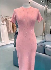2023 verão rosa cor sólida vestido de manga curta em torno do pescoço strass na altura do joelho vestidos casuais s3s01m253