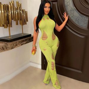 Ladies One Piece Sleeveless Backless Knitted Jumpsuit White Women Bodysuit Bodycon Sexy Hollow Out Wide Leg Jumpsuit