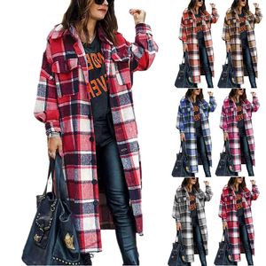 European and American Women's Wool extended trench coat with lapel and side slit Woman's woolen plaid coat