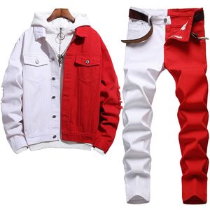 Новые модные спортивные костюмы с двухцветным дизайном, мужские комплекты, красно-белая осенняя джинсовая куртка, подходящая к узким эластичным джинсам Tw251P