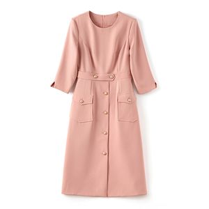 2023 Summer Pink Solid Color Dress 3/4 Sleeve Round Neck Double Pockets Kne-Lengen Casual Dresses S3S08M0932320601