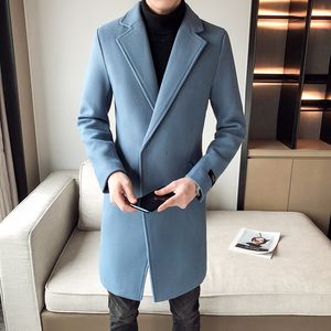 Men's Trench Coats Elegant Sky Blue Man Long Jackets Mens Vintage Winter Slim Fit Retro British Woolen Overcoat White Khaki 230909