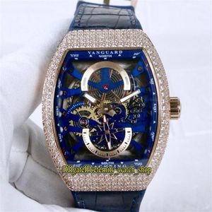 Luxry New Saratoge Vanguard S6 Yachting V45 S6 Yacht Blue Skeleton Dial Miyota Automatic Mens Watch Rose Gold Diamond Case Leather306n