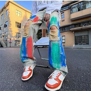 Męskie dżinsy High Street Tie Free Rubled Harajuku Rainbow Pants Hip Hop Slim Prosty Dessers 230909