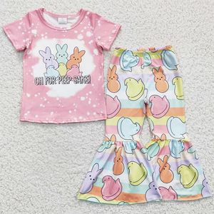 Novo design da criança meninas roupas conjunto boutique manga curta sino bottoms crianças roupas coelho impressão páscoa roupas da menina do bebê atacado274v