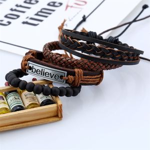 Update Geloof Armband Verstelbare Weave Charm Gevlochten Leer Meerlaagse Armbanden Polsbandje Banle Manchet Dames Heren