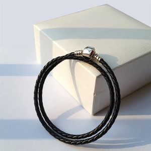 Moda feminina 925 prata esterlina real preto dupla camada pulseira de couro caber pandora encantos contas jóias masculino masculino pulseira brace3210