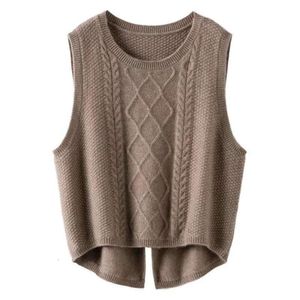 Womens Foundation Autumn Vests And Winter Round Neck Sleeveless Vest Knitted Back Pure Wool Short Front Long
