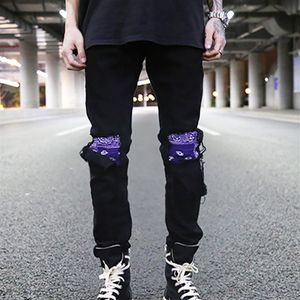 Plegie Bandana Patchwork Ripped on Knee Men's Jeans High Street Jeans Men Hip hop Denim Pants slim fit black Joggers308j