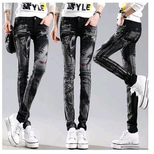 jeans lunghi neri donna pantaloni casual a matita ragazza strass lavati stampa perforata skinny 6115222D