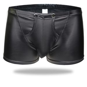 Sexy Men Boxers Open Crotch Boxers Faux Leather Stage U Convex Pouch Gay Wear Mens Underwear Jockstrap Fetish Erotic Lingerie222w