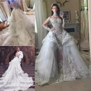 Sleeves Dresses Long 2023 with Overskirt Lace Applique Beaded Tulle High Neck Sweep Train Beach Country Wedding Gown Plus Size Vestido De Novia