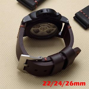 Bruin Zwart 22mm 24mm 26mm Vintage Dikke lederen band Horlogeband Vervangen PAM PAM111 Grote Horloge Polsband255m