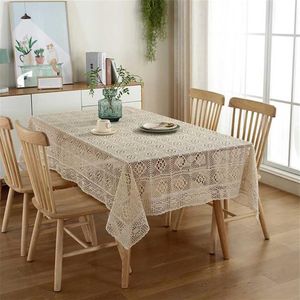 Crochet Hollow Tablecloth Home Decorative Rectangle Fabric Lace Beige Bedroom Coffee Table for Living Room Cover Cloth Mat 211103252o