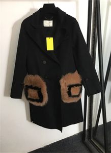 Women's Wool & Blends New F Letter Fox Fur Pocket Plus Plush Warm Fur Coat Black