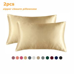 Yastık Kılıfı 1 Pair2pcs Fermuar Clre Polyester Saten Yastık Kılıfı StandardQueenKingca Kral Pure Renkler Düz Yatak 230909