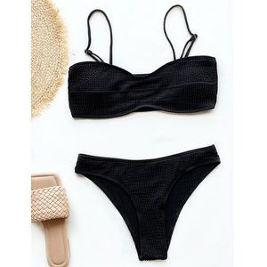 Ribbing Two-piece Suits Black Sexy Bikini Fashion Bandeau Pleated Wavy Solid Swimsuit Women Bandage Beachwear Monokini Swimwear Suit Push Up Bathing Suit new