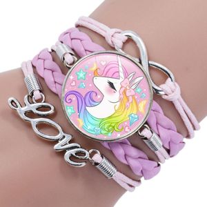 تحديث Multilayer Linfinity Love Unicorn Bracelet نسج Carton Unicorn Glass Cabochon Bracelets Charm Kids Fashion Jewelry