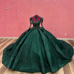 Изумрудно-зеленое платье Quinceanera с высоким воротом и длинными рукавами, расшитое пайетками и бусинами, бальное платье с открытыми плечами, корсет Vestidos De