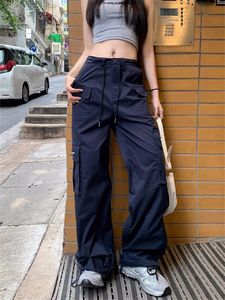 Calças femininas de duas peças Deeptown Estilo Coreano Cargo Pant Y2K Vintage Cordão Azul Marinho Calças Oversized Streetwear Retro Wide Leg Sweatpants 230909