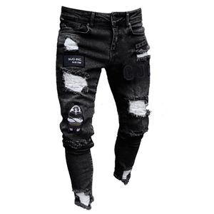 Jeans masculinos Men elástico rasgado de moto skinny bordando impressão destruída Era BURO PESSOADO APAGO DE FIXA SLIM SRAÇO279N