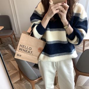 Pullover Sweater Outer Wear Striped Top Womens Autumn and Winter New Slimming Fairy Idle Style Japanese Soft Milk Sweater